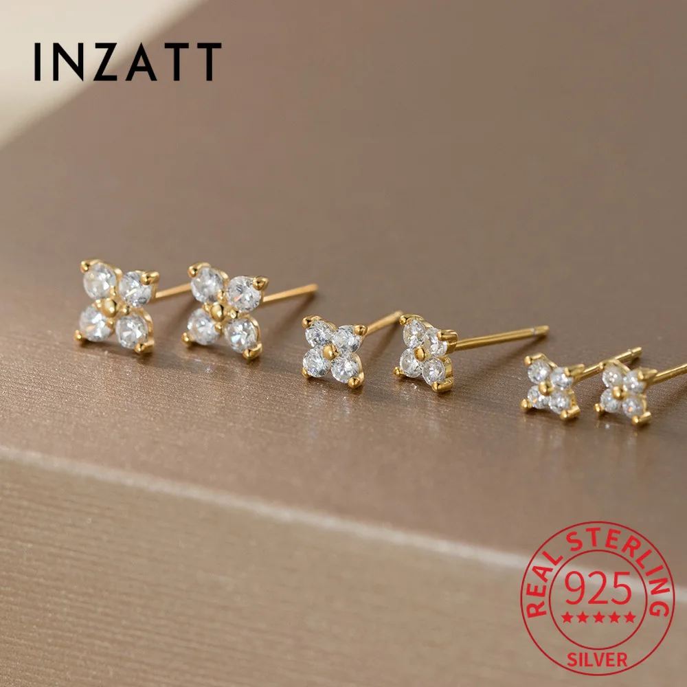 

INZATT Real 925 Sterling Silver 18K Gold Zircon Clover Plant Stud Earrings for Women Cute Fine Jewelry Light Luxury Accessories