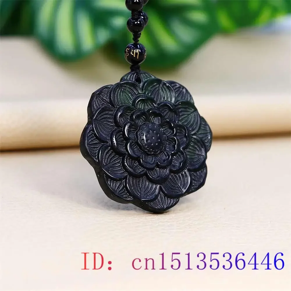 Black Green Jade Lotus Pendant Necklace Charms Fashion Talismans Natural Jewelry Amulets Carved Pendants Vintage Man Necklaces