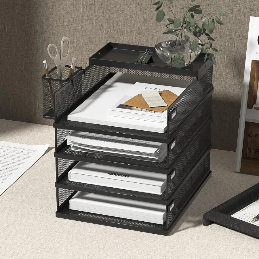 Stackable Letter Trays 4 Tier Metal Paper Tray Desk Organizer for Office and Home Use Multi-Functional Document Tray with Fine