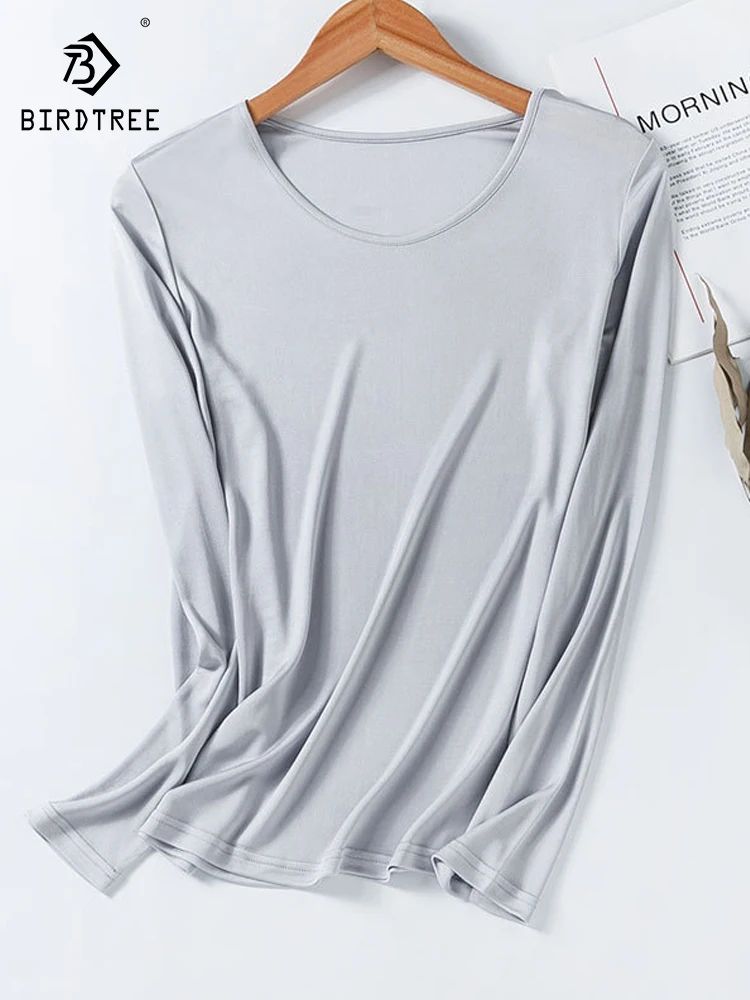 

Birdtree 30%Real Silk New Women's Underwear Autumn Spring Underlay Tshirt Solid Color Round Neck Comfortable Slim Top P30749QC