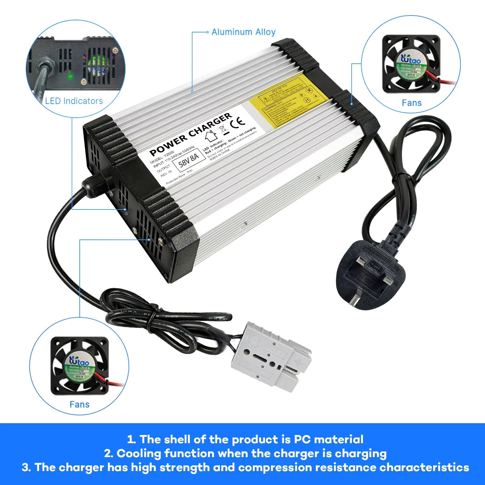 Yzpower 58V 8a Intelligente Loodzuur Auto Motor Acculader Snel Opladen Voor Hoge Kwaliteit Met Koelventilatoren