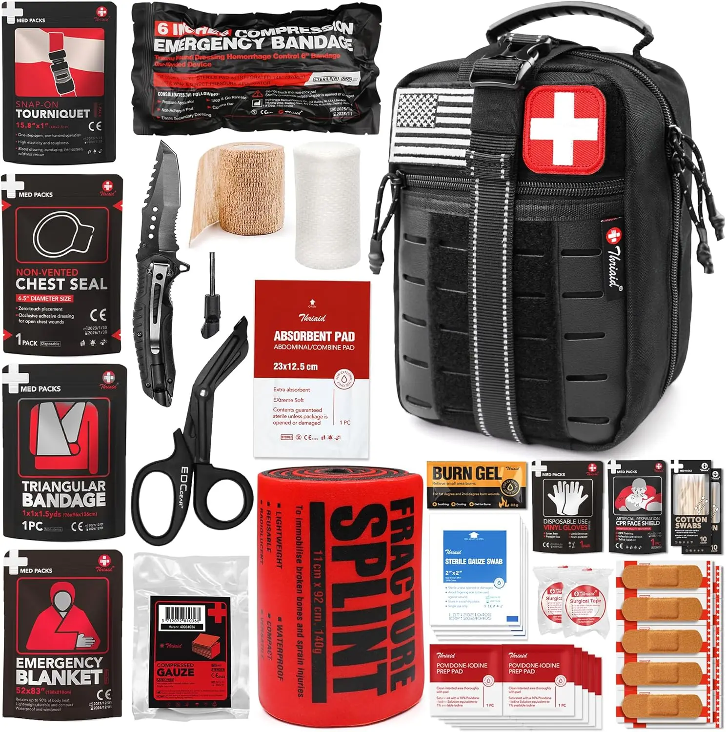 Kit de Primeros Auxilios Táctico con Vendaje Israelí, Sello Torácico y Torniquete para Atención de Heridas de Emergencia y Control de Hemorragias