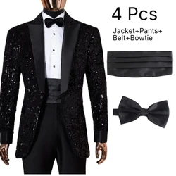 Shining Sequins Men Suits Tuxedo Slim Fit Notched Lapel One Button Blazer with Pants 2-Pcs Tailored Groom Wedding Party Jacket