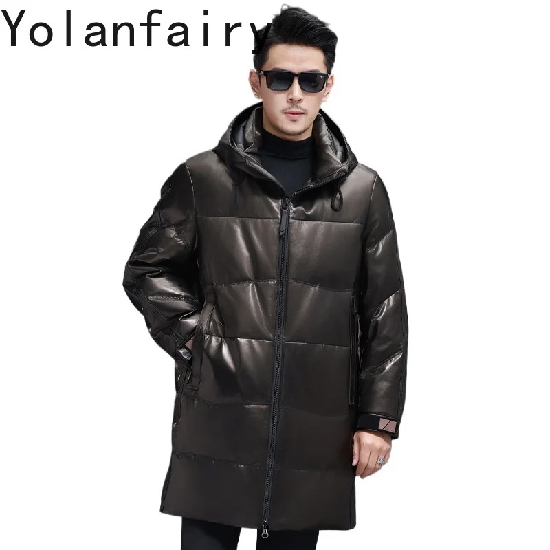 

YOLANFAIRY 100% Genuine Leather Jacket Men Hooded Winter Mid-length Natural Sheepskin Leather Jackets White Duck Down Coat Man