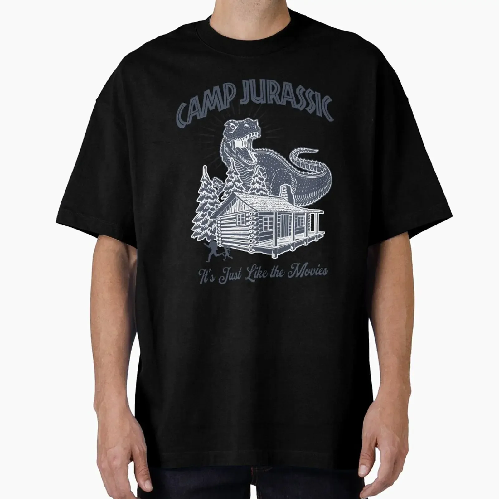 Camp Jurassic T Rex Over Log Cabin Funny Camping designed and sold by The Masked Designer vintage Washed Stretched fashion