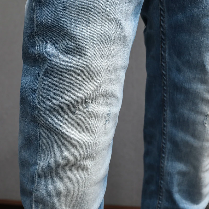 Newly Fashion Designer Men Jeans Retro Light Blue Stretch Slim Ripped Jeans Men High Quality Vintage Casual Denim Pants Hombre