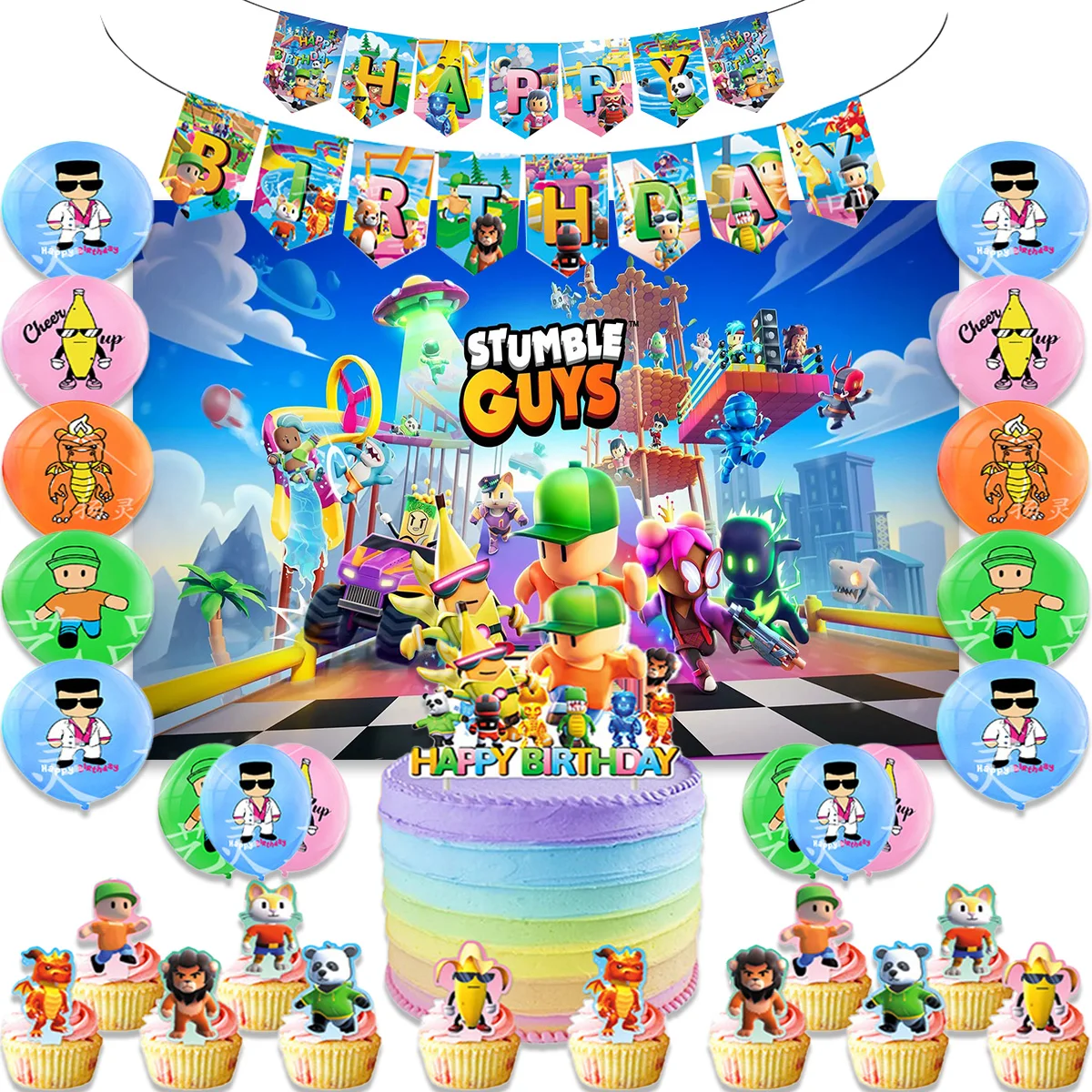 Stumble Guys Theme Birthday Party Decor Supplies Game Stumble Guy Balloon Banner Backdrop Cupcake Toppers  Adult Kids Baby Gifts