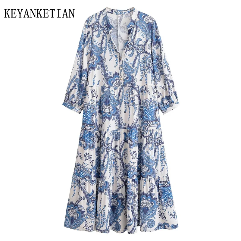 Keyanketian 2025 novo estilo étnico feminino totem impressão viscose mini vestido de três quartos manga com decote em v em camadas uma linha vestidos longos