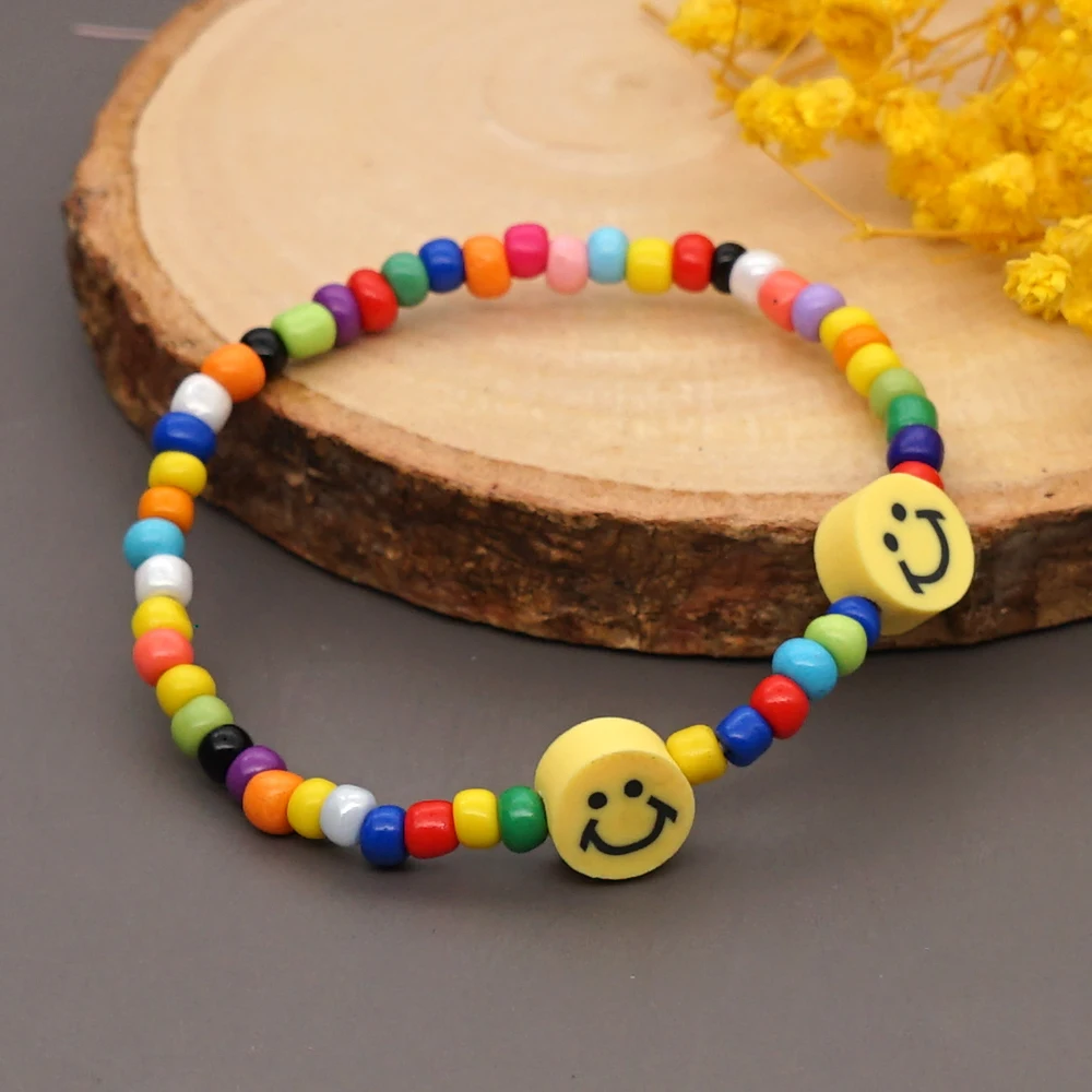 Go2Boho 2023 Multicolor Acrylic Beads Bracelet For Women Simple Trendy Girls Yellow Smile Face Beaded Bracelets Jewelry