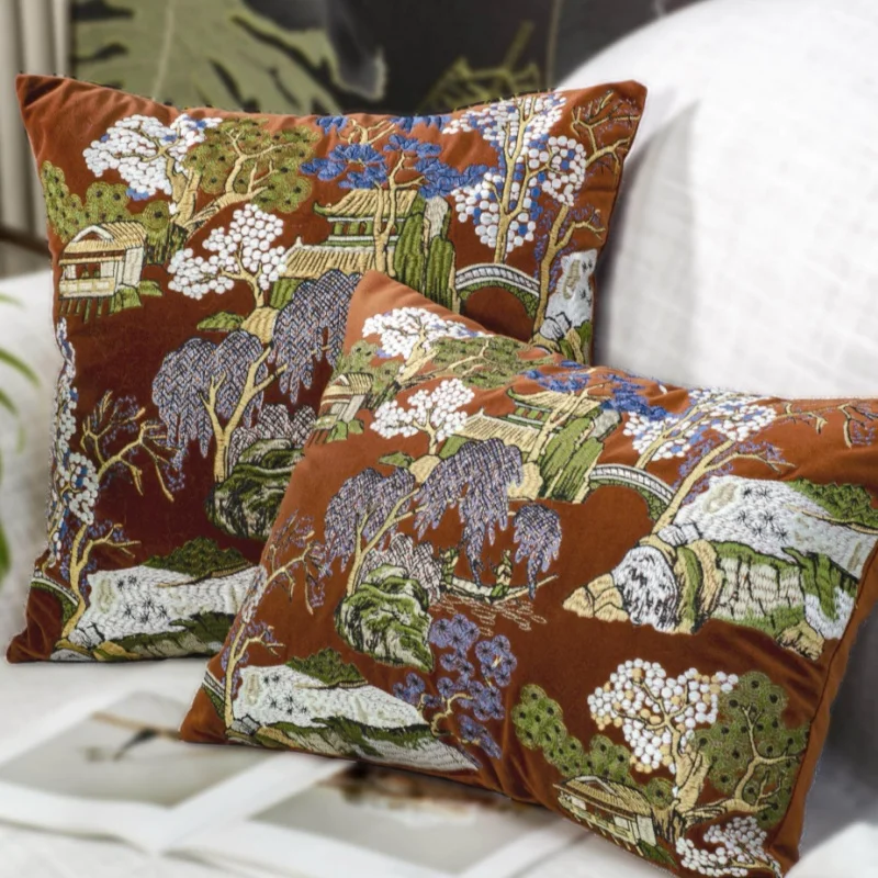Chinese Landscape Pattern Cushion Cover Retro Art Pillowcase for Sofa Living Room Decor Square Throw Pillow Home Decoration