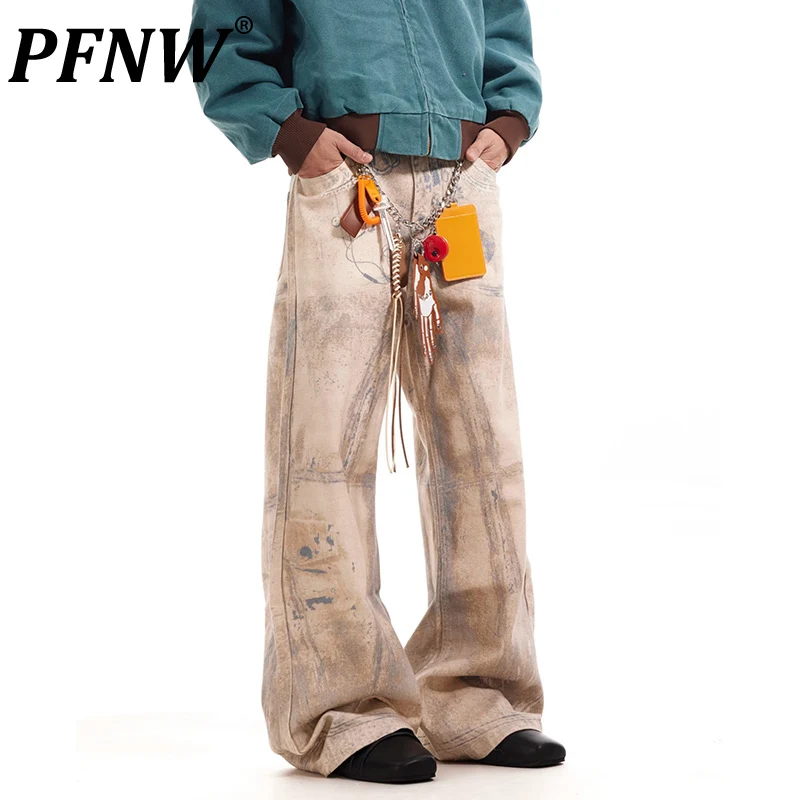 PFNW Niche 3D Graffiti Printted Micro Flared Khaki Jeans American Vintage Men's Loose Casual Denim Trousers 2025 New 28W5716