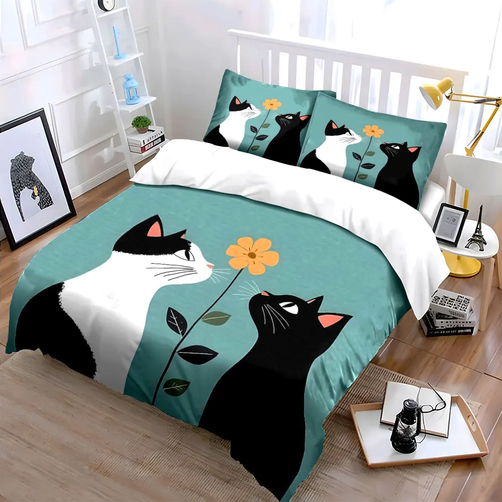 Black and white cats with yellow flower Bedding Set for Kids Luxury Gift 3pcs Digital Print Comforter Set Soft Comfortable