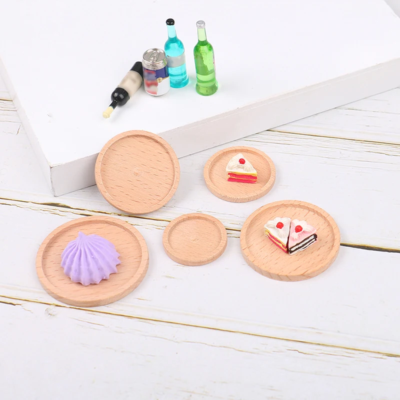 1:12 Dollhouse Round Wooden Plate Miniature Dessert Food Tray Kitchen Tableware Model DIY Dolls Play House Accessories