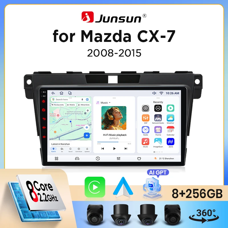 Junsun Wireless CarPlay Android Auto Autoradio für Mazda CX-7 (ER) 2006-2012 mit integriertem Lüfter, Android GPS-Navigation, Multimedia-Player, WiFi, DSP, RDS, BT, SWC, IPS-Touchscreen, Autoradio,