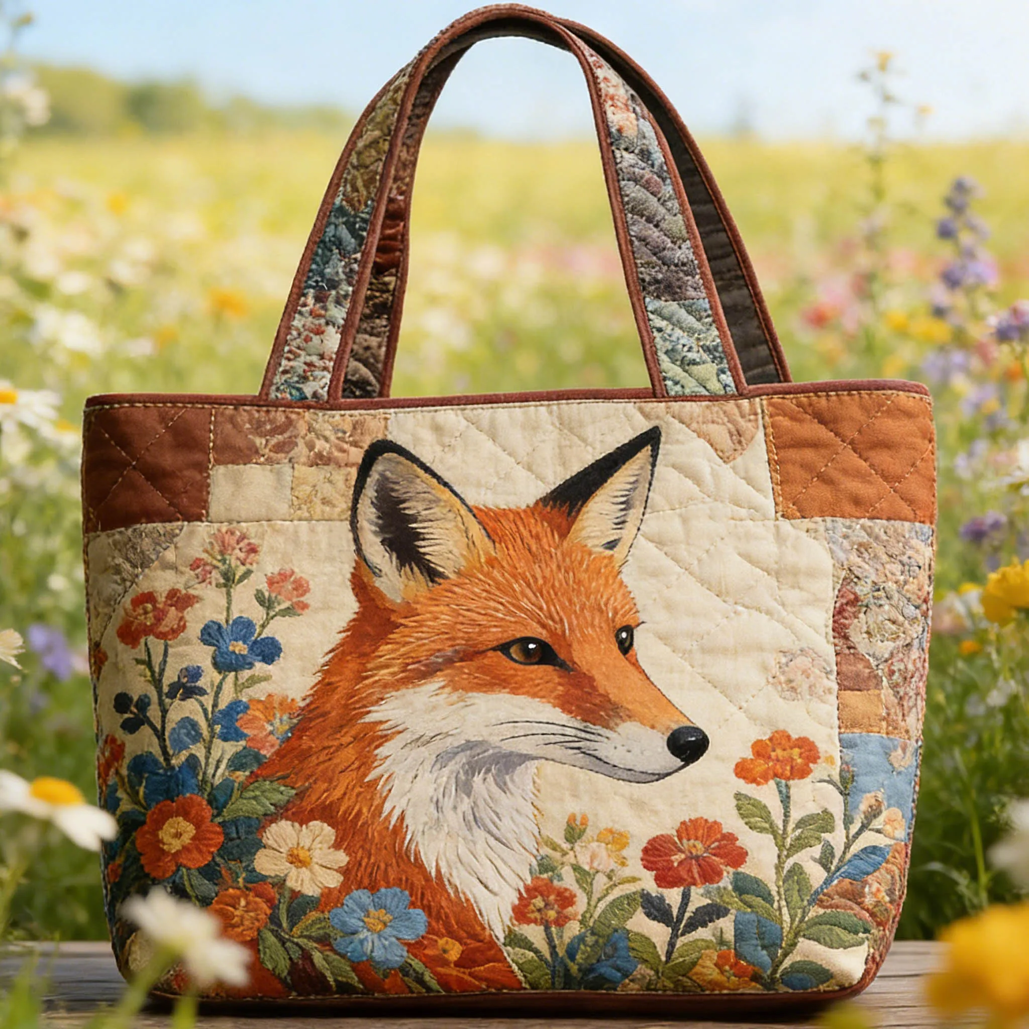 

Cute Forest Fox Wildflower Print Quilted Tote Bag Soft Pastoral Style Women Men Handbag for Daily Shopping Travel