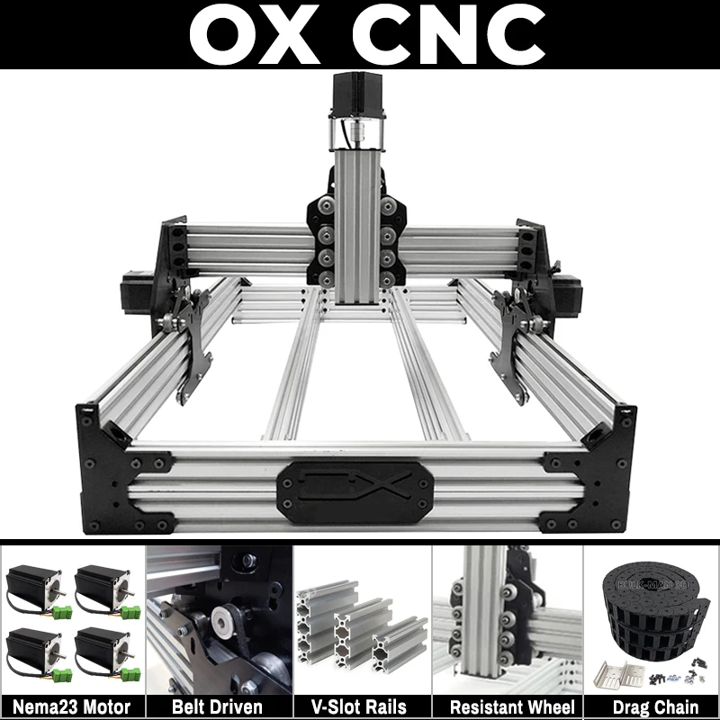 Zestaw mechaniczny CNC Openbuilds OX 4-osiowy z napędem pasowym, grawerka CNC z silnikami Nema23 do cięcia drewna, metalu i akrylu.