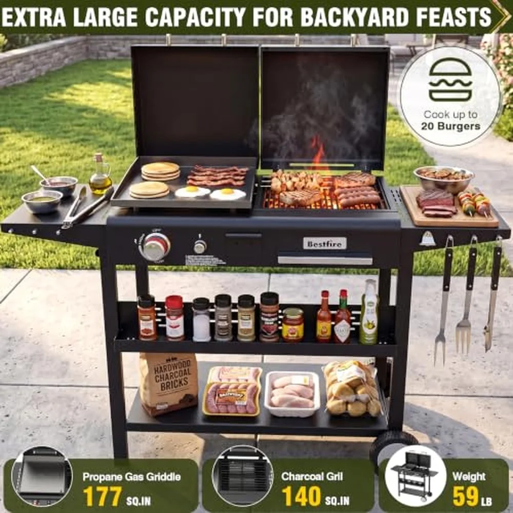 Dual Fuel Gas & Charcoal Grill Combo 327 Sq.In Propane Flat Top Griddle w/Cast Iron Griddle Dual Lids Side Shelves