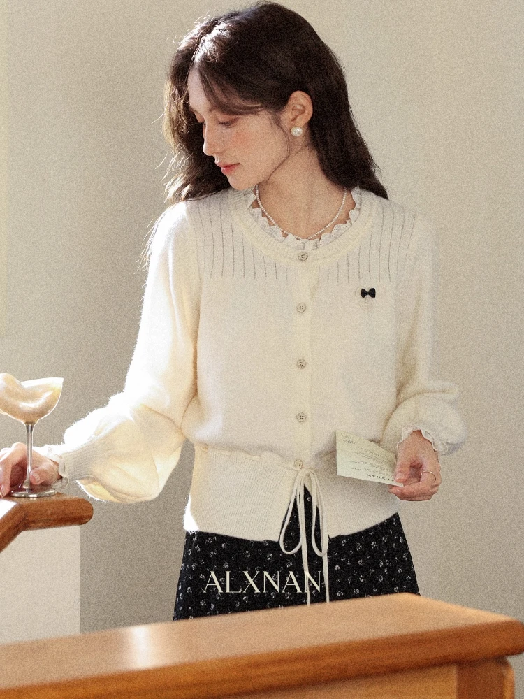 

ALXNAN Кардиганы с круглым вырезом, кружевные вставки, подол на шнурке, свободный крой, вязаные свитера с бантом, нежные мягкие женские топы для поездок на работу L57526