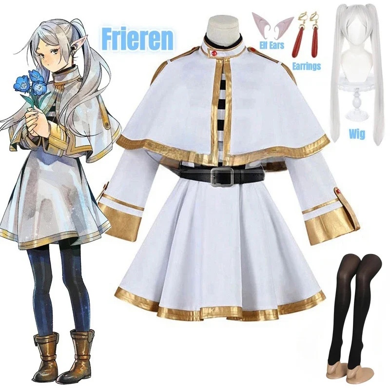 Disfraz de Cosplay Sousou No Frieren, peluca, zapatos, vestido de mago de Anime, oreja de elfo, fiesta de Halloween, Charistmas para mujeres y niñas