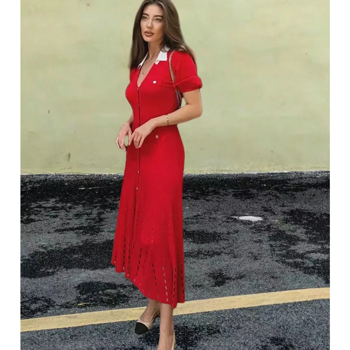 

New Early Spring Female Midi Robe Women Single Breasted Hollow Out Knit Dress Contrast Color Turn-Down Collar Short Sleeve