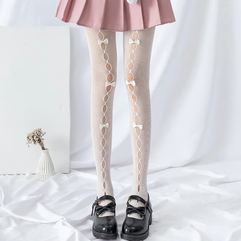 Lolita Cosplay Girls Bowknot Hollow Out Pantyhose Sexy Thin Ins Tide Lace Tights Anime Socks Black White Fishnet Silk Stockings