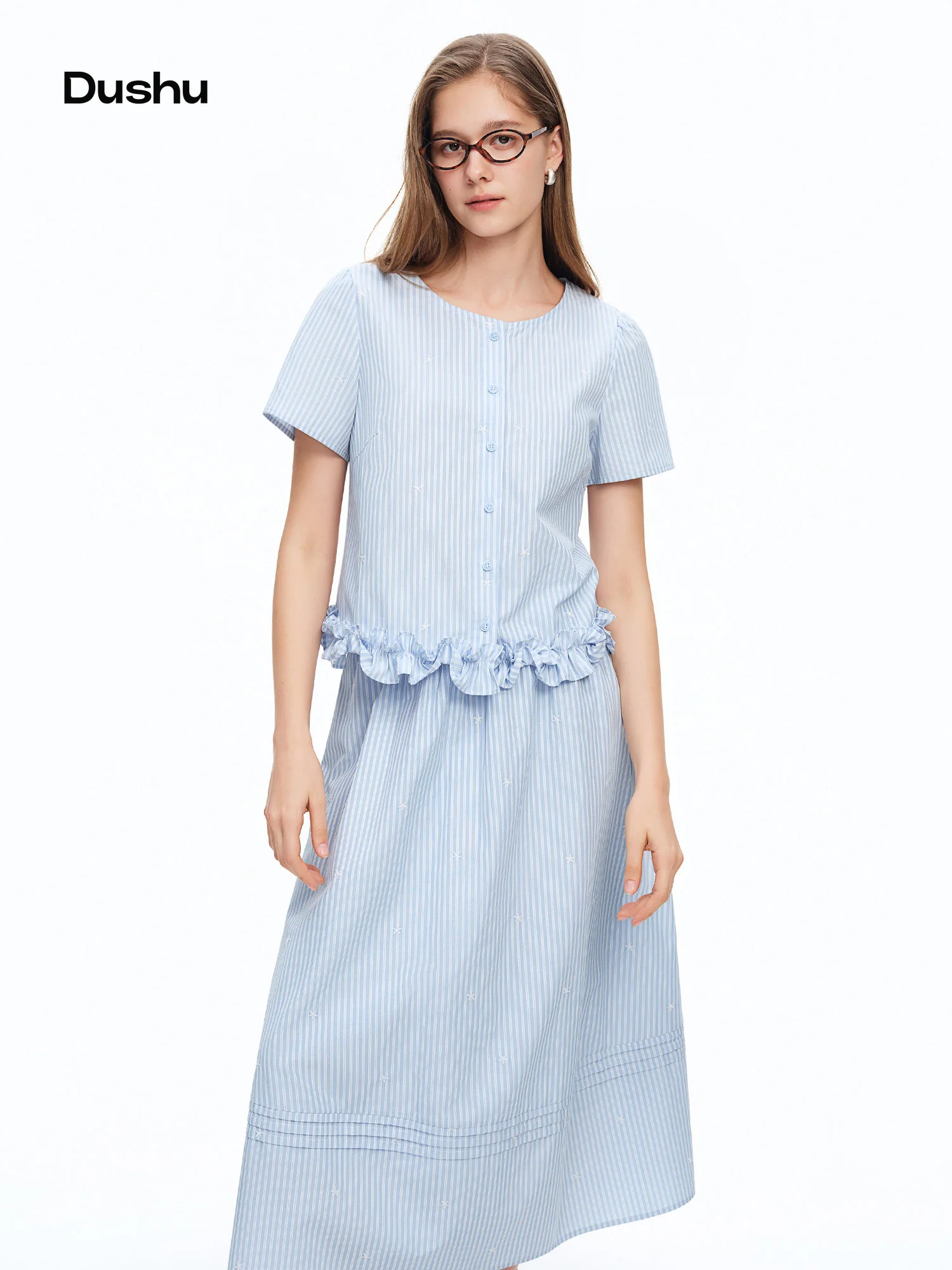 DUSHU 2026 Sommer Damen Gestreiftes Besticktes Rüschen-Zweiteiler-Set Chiffon-Top & A-Linien-Rock Koordiniertes Coquette Weiches Feminines Outfit