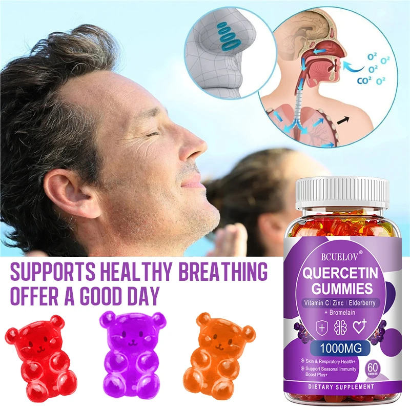 Quercetin Gummies, 1000 Mg, with Zinc, Vitamin C, Bromelain, for Skin, Joint, Immune, Heart and Respiratory Health, Antioxidant