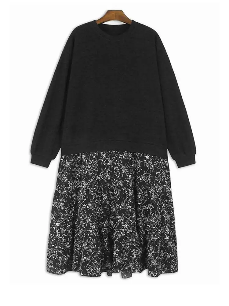 女性黒柄プリントスプライスビッグサイズミディドレス新しいラウンドネック長袖ファッション潮春秋