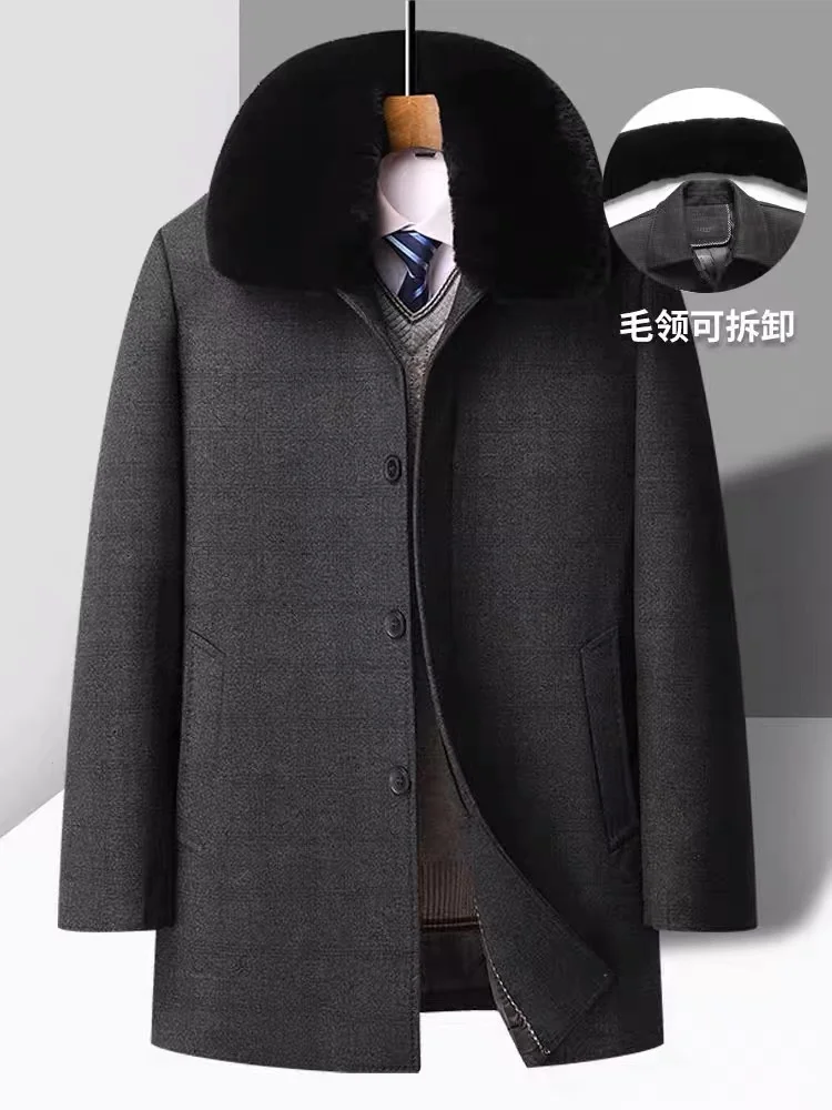 Men's Autumn/Winter 2025 Trench Coat Solid Color down Wool Coat Fur Collar Removable Size Warm Comfort Size M-4XL