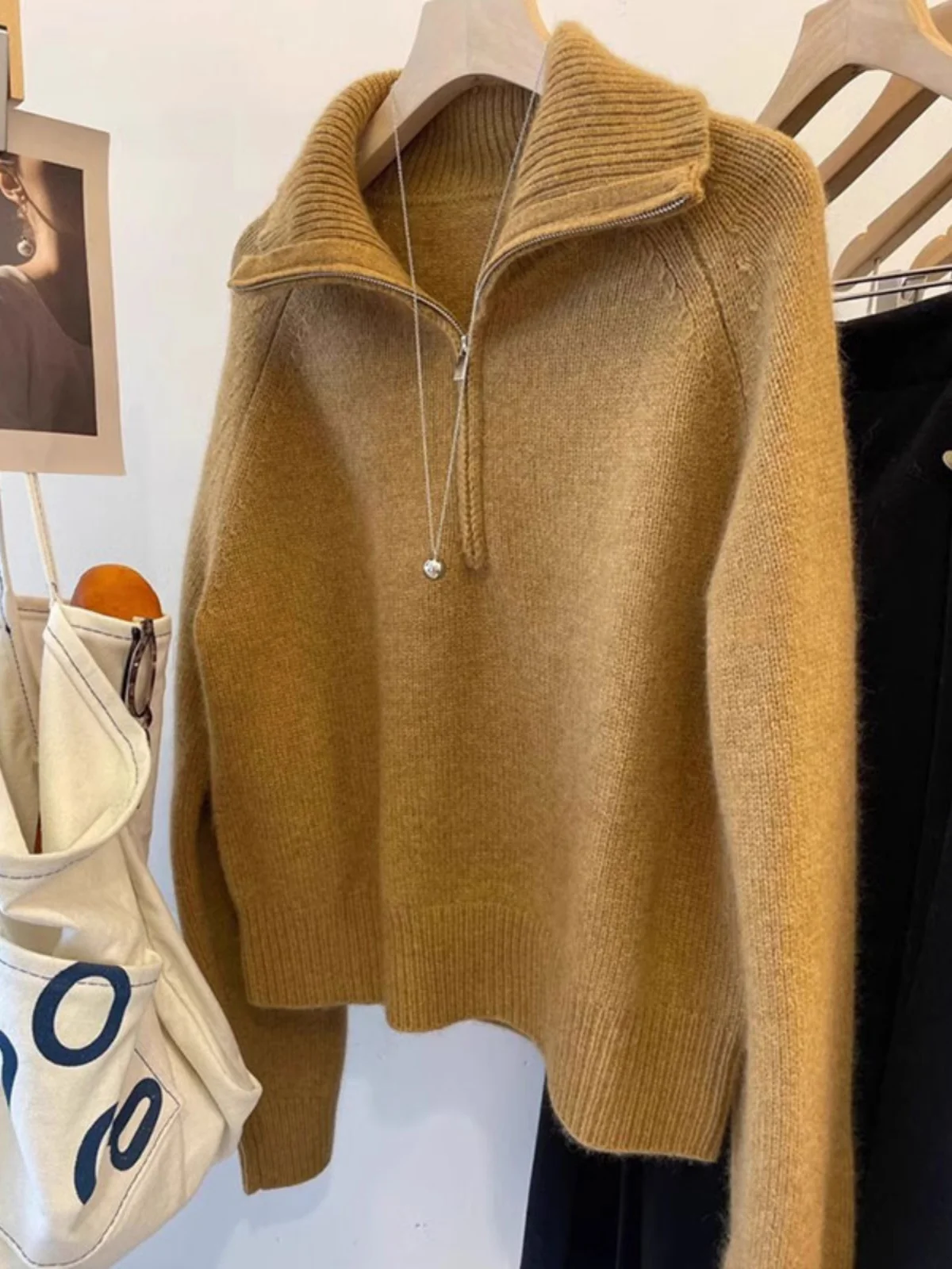 

Thickened High Collar Half Zip Sweater Women Base Shirt Loose Fit Autumn Winter Lazy Style Turn-down Collar Outerwear Top
