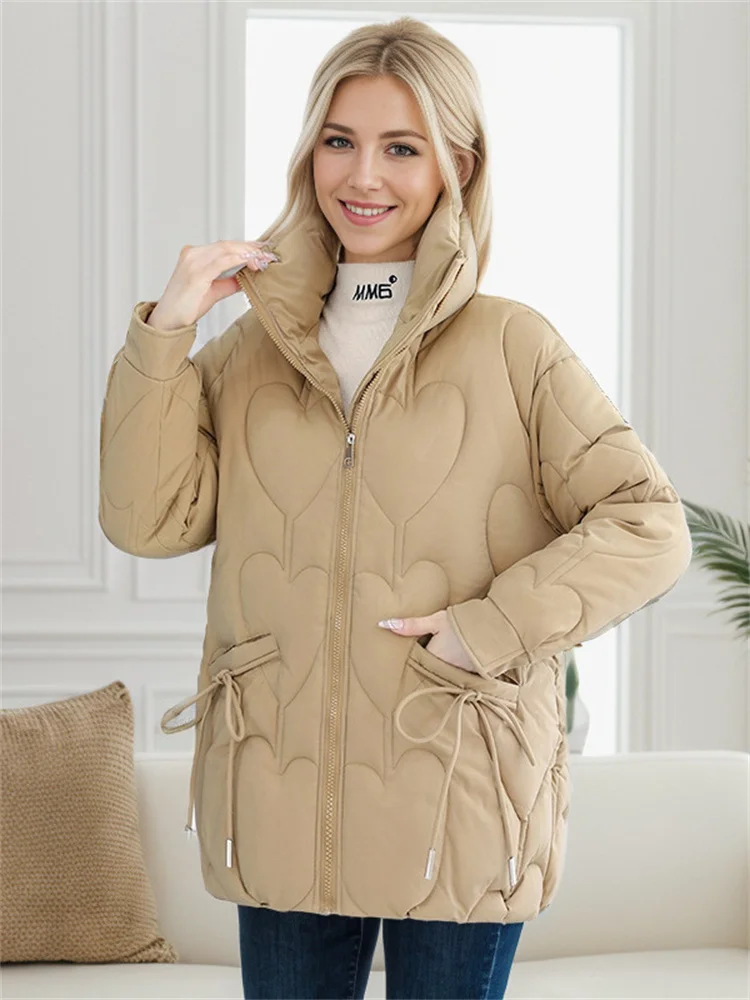 

Winter 2024 Women's Jacket With Puffer Padded Jacket Korean Fashion Collar Embossed With Love Loose-Fitting Warm Jacket