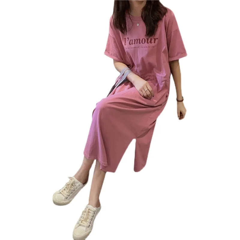 Sweet Loose Split Hem T Shirt Dress Summer New Short Sleeve Printing Letter Simplicity Midi Dress Fashion Casual Women Clothing