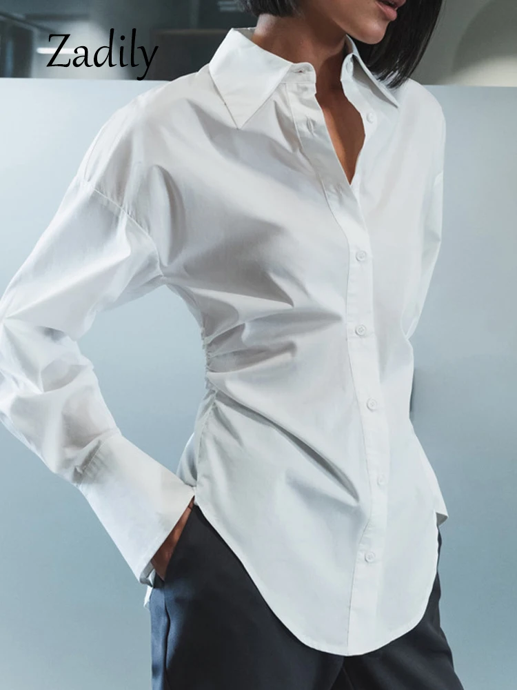 Zadily 2024 Summer Minimalist Women White Shirt Office Lady Button Up Slim Waist Work Tunic Button Up Ladies Blouse Clothing Top