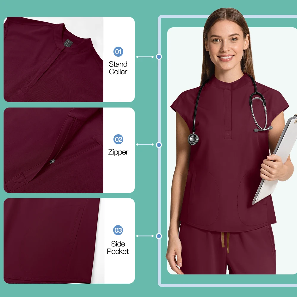 Womens Scrubs Uniform Soft Stretch Medical Scrub Set with Pockets Front Zipper Top+Straight Pants Hospital Nurse Doctor Workwear view 4