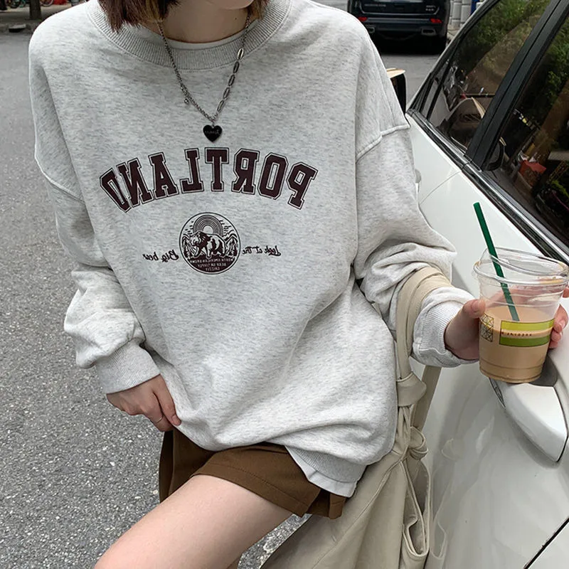 

Harajuku Vintage Gray Sweatshirt Women Korean Fashion Oversize Crewneck Hoodie Retro Streetwear Letter Print Casual Top