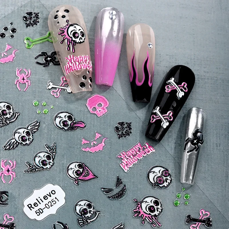 Pink Skull Ghost Halloween Nail Stickers Cute Sweet Creepy Nail Art Personality Self Adhesive Nail Accessories Weeb Nail Design