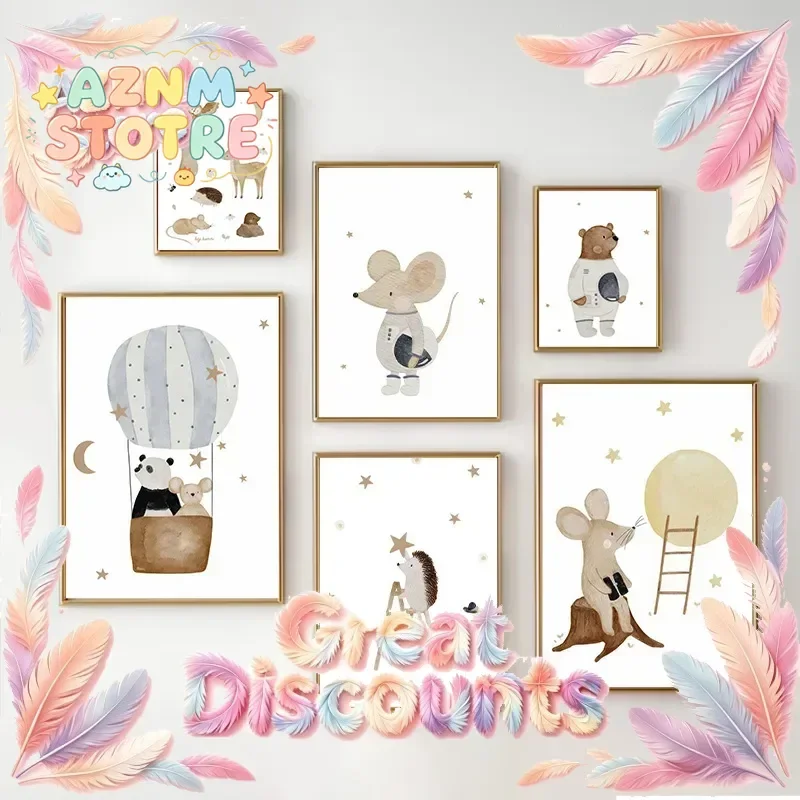 Boho Cartoon Bear Panda Mouse Balloon Aeroplane Poster Children's Room Kindergarten Nursery Canvas Painting Home Decor Wall A