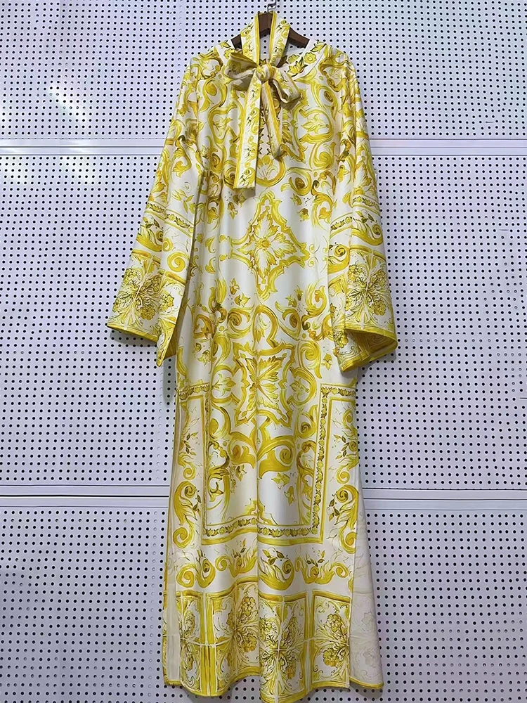 Retro geometric positioning printed lace up semi open collar pullover dress for women's fashion, loose fit plus slit skirt