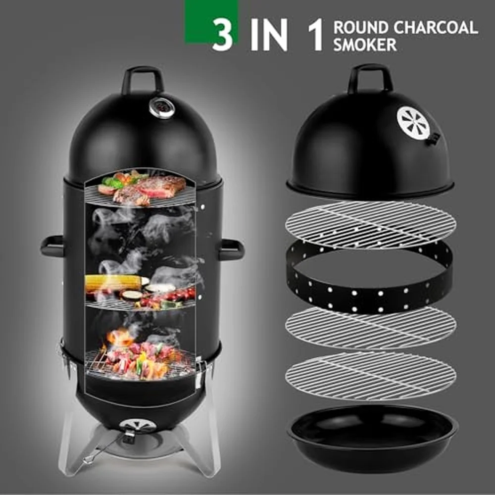 4 Tier 3 in 1 Vertical Charcoal Grill 18.8 Charcoal Smoker with Built in Thermometer Air Vent and Access Doors Perfect