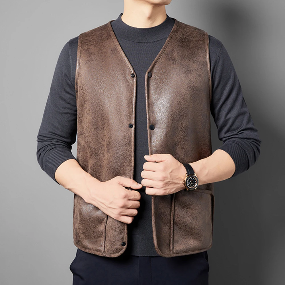 Men Imatition Suede Texture Fleece Lined Jacket Inner Vest Retro Home Tank Tops