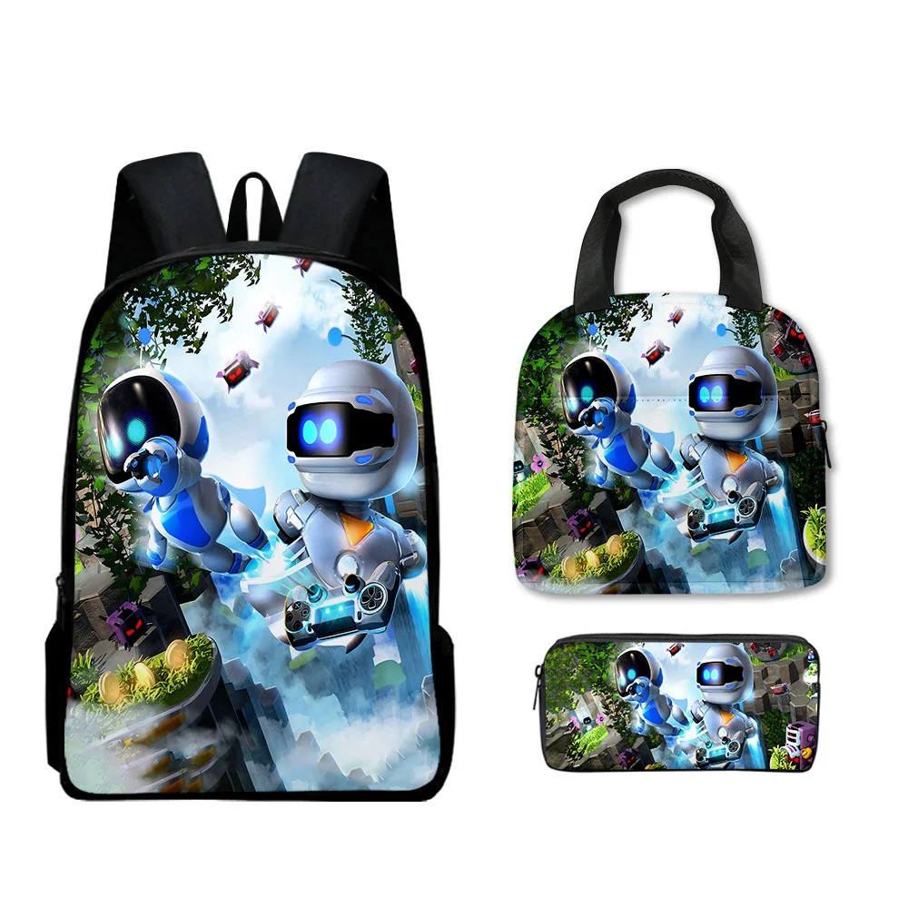 3PCS Game Astro Bot Cartoon Student Backpack Large Capacity Portable Meal Pack Pencil Storage Bag Stationery School Supplies Set