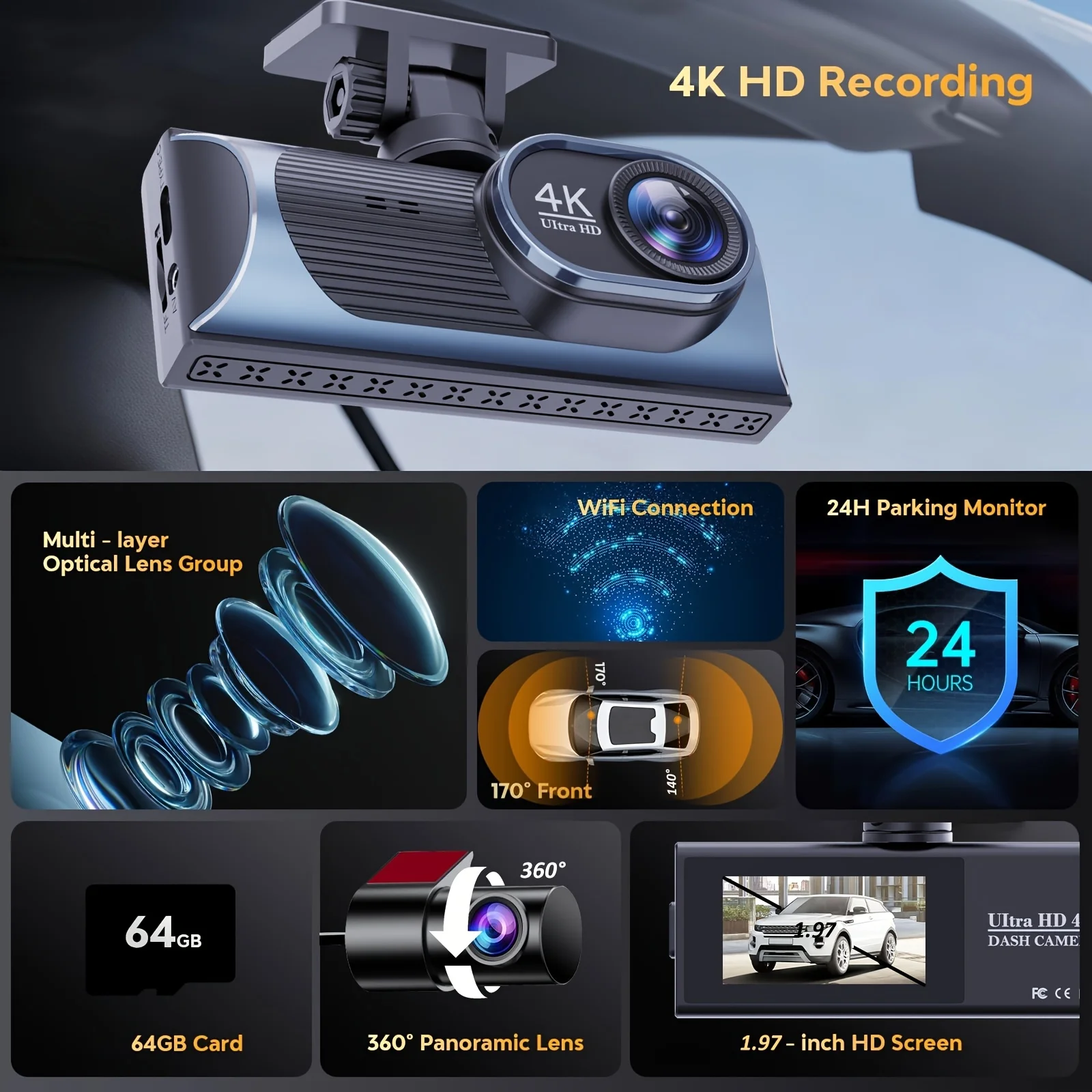 4K+2.5K Dash Cam Front and Rear, Dual HDR Hyper Night Clarity, 5.8GHz WiFi, Night Vision, Loop Recording, G-Sensor, Dash Camera