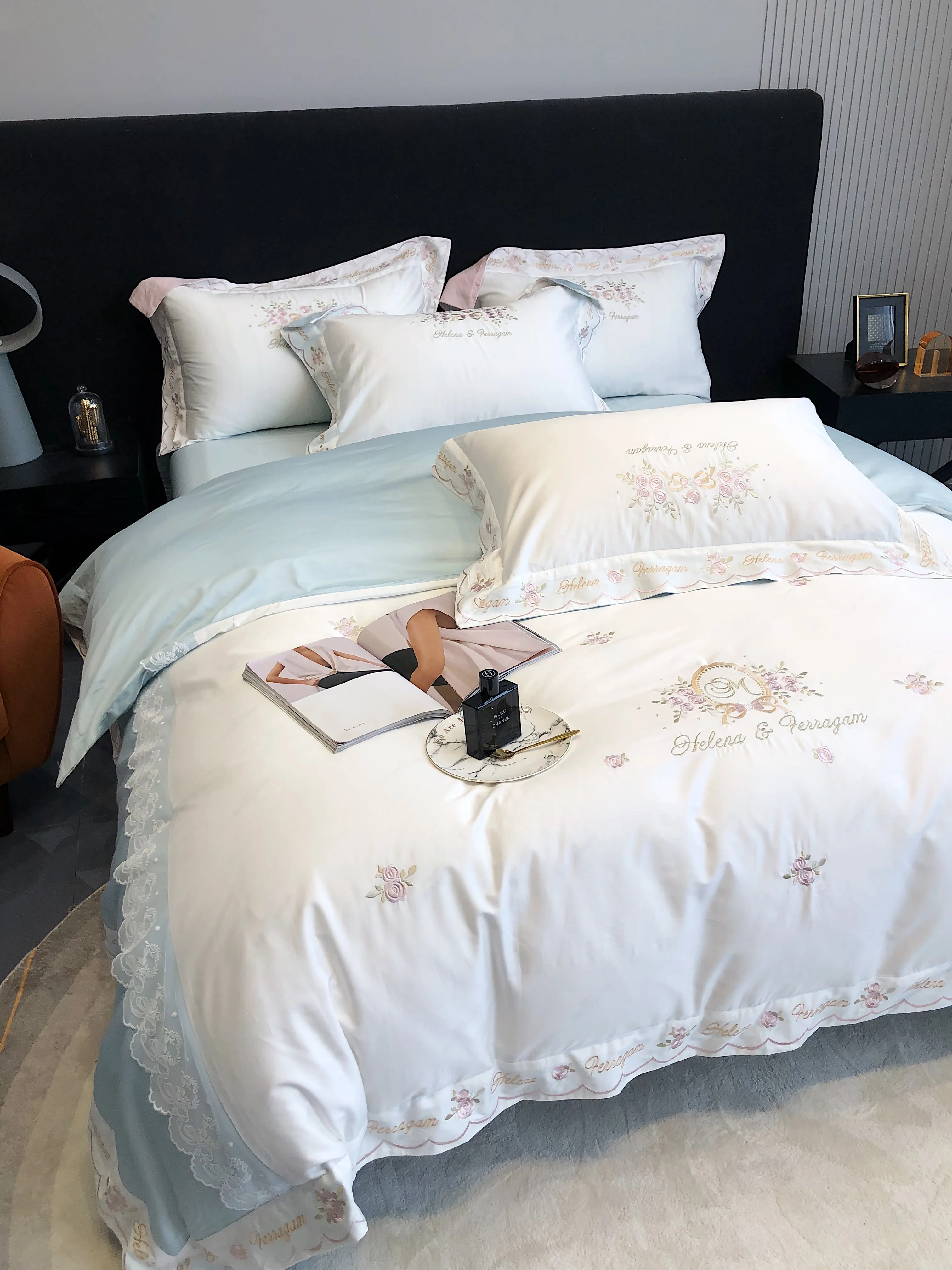 100% Cotton High Grade 4Pcs Jacquard Bedding Set, Luxury Soft Bed Linen Sky Blue King Size Duvet Cover