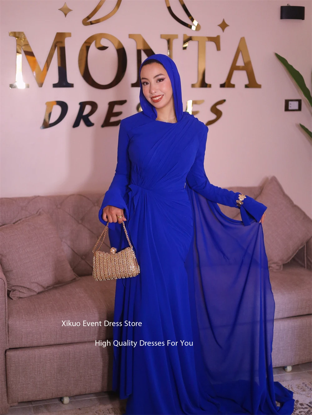 Xikuo Elegant Royal Blue Chiffon Evening Gowns O Neck Pleated Cocktail Dresses Muslim Mermaid Long Sleeves Prom Dress Customized