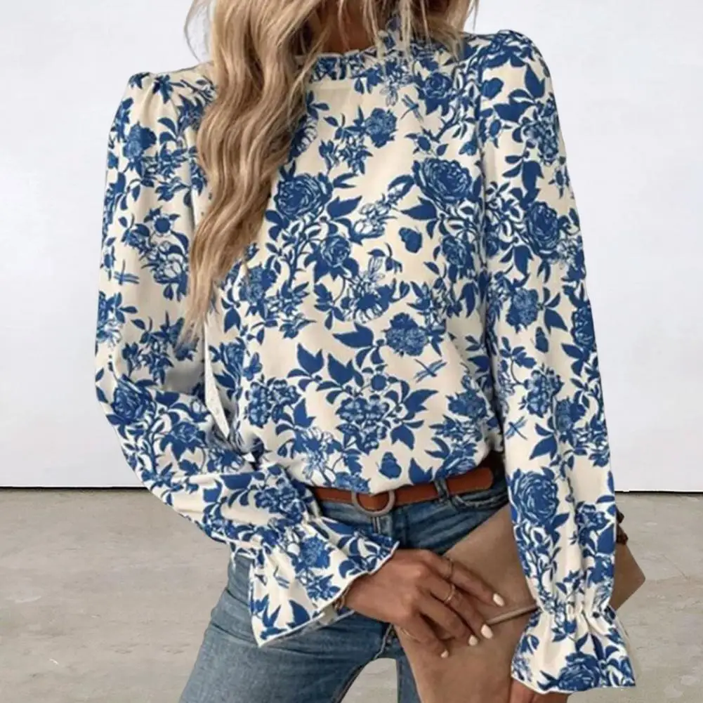 Elegante 2023 feminino camisa plissado punhos manga longa rendas guarnição mock neck floral padrão blusa topo