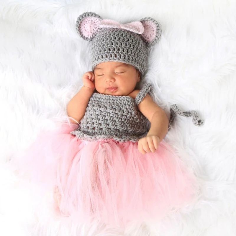 

2 Pcs/Set Newborn Photography Props Outsuits Baby Knitted Mesh Tutu Skirts Cute Ears Hat Set for Infants Photo Shooting