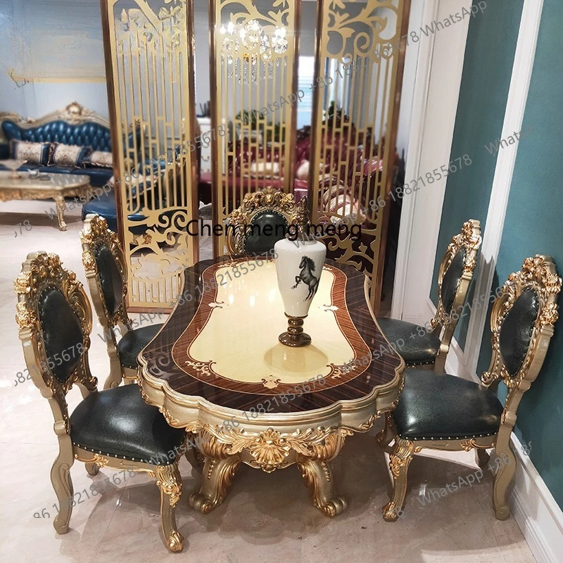 

Европейский овальный обеденный стол и стулья длиной 1,8 метра, комбинированная вилла, резьба по дереву, обеденный стол с цветочной атмосферой