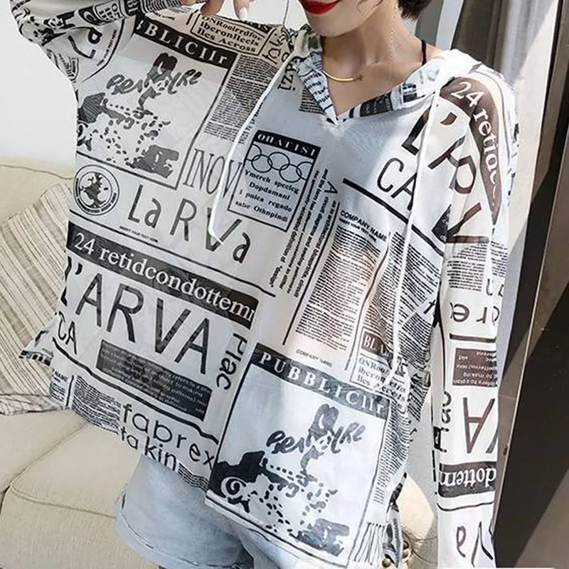 Korean Chic Female Hollow Out Backless Thin Sunscreen Clothing Y2k Summer Casual Loose Hoodies Printed T-shirt Women\'s Clothing