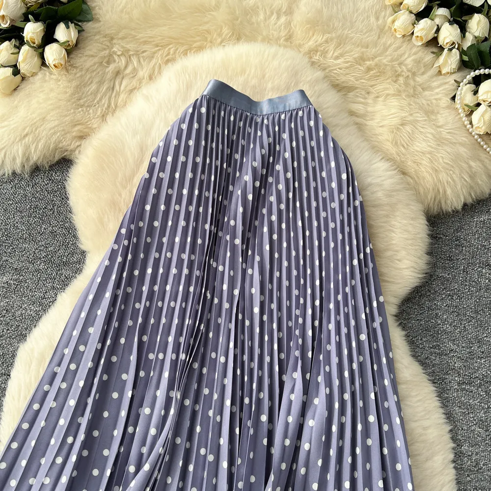 Korean Style Polka Dot Print Pleated A-line Long Skirts Women 2026 Spring Summer High Waist Casual Skirt