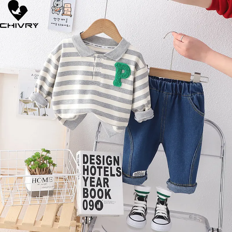 

Boys Fashion Clothing Sets New 2023 Kids Baby Spring Autumn Striped Lapel Shirts Tops with Denim Pants Children Casual Clothes